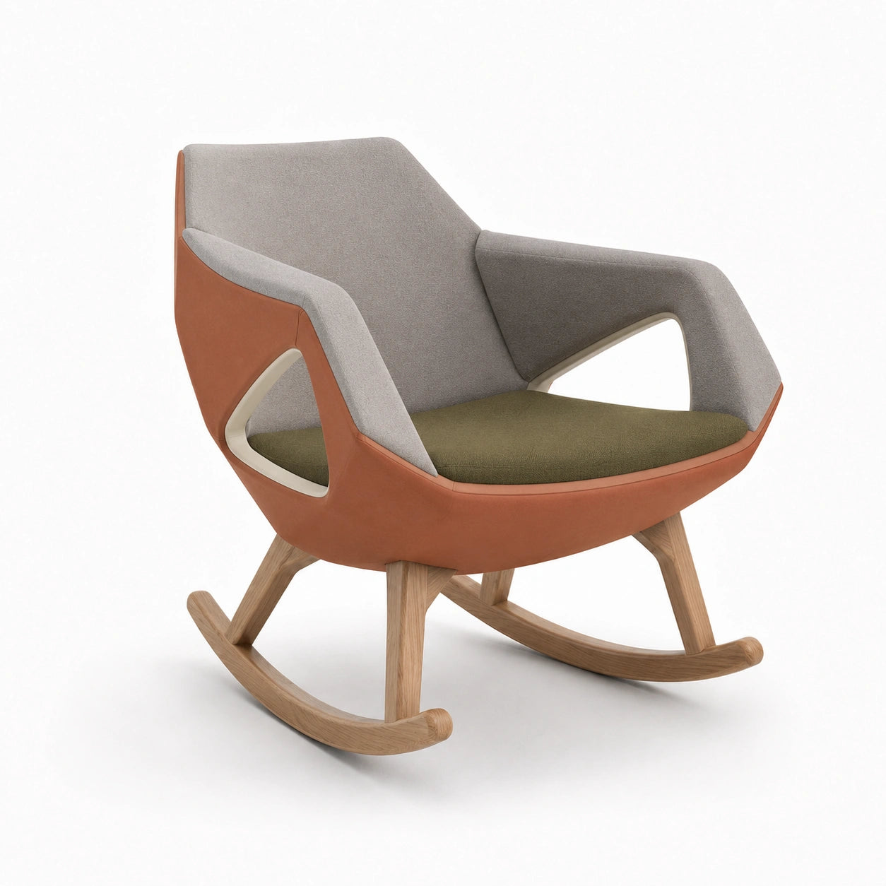 Silla mecedora de madera y tela con asiento verde