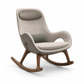 Silla mecedora de lino beige con patas de madera de nogal