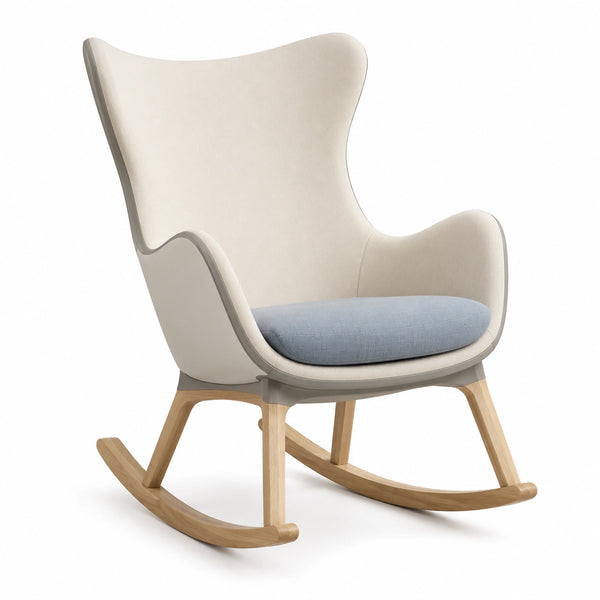 Silla mecedora de madera con cojín azul