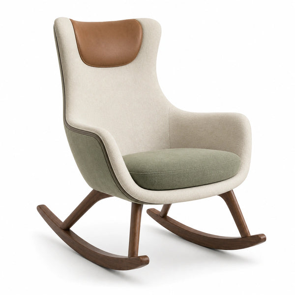 Mecedora de Tela Beige y Verde con Respaldo de Cuero Sintético y Patas de Madera