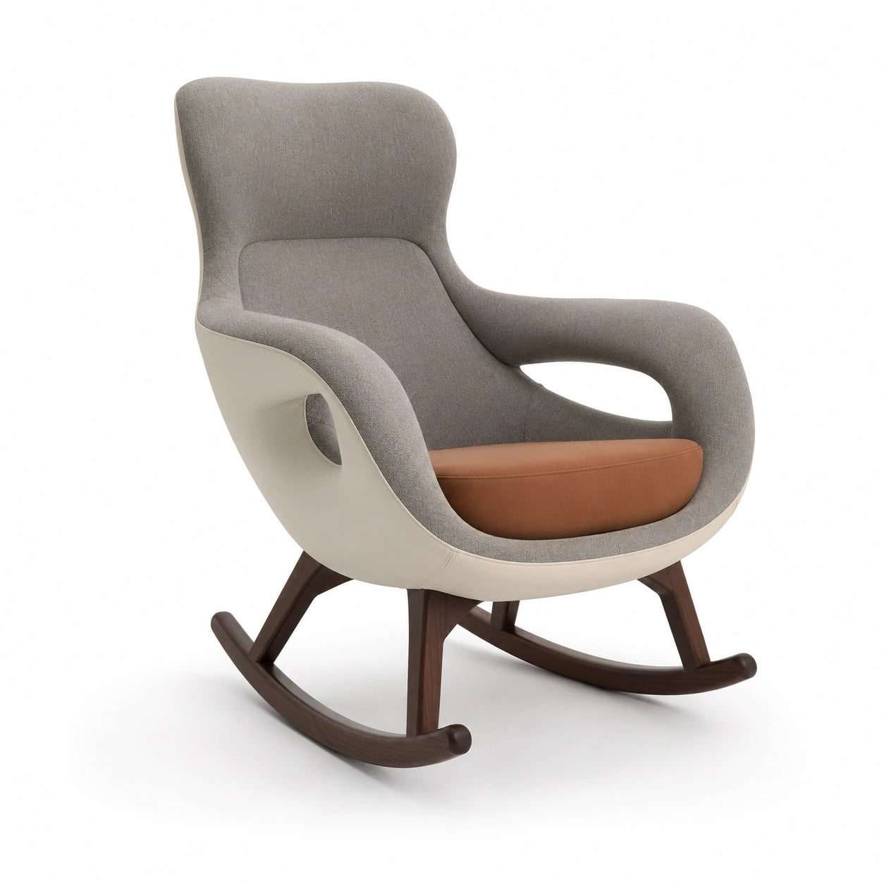Silla Mecedora de Tela Gris y Cuero Sintético Marrón con Base de Madera