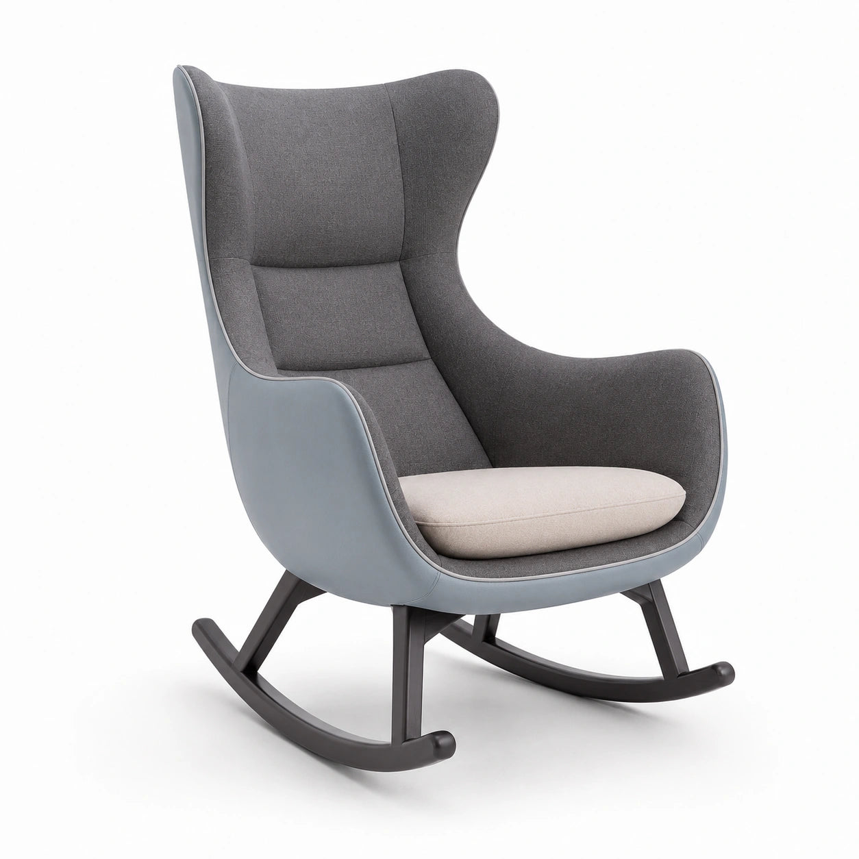 Silla mecedora orejera con tejido y cuero sintético gris y azul