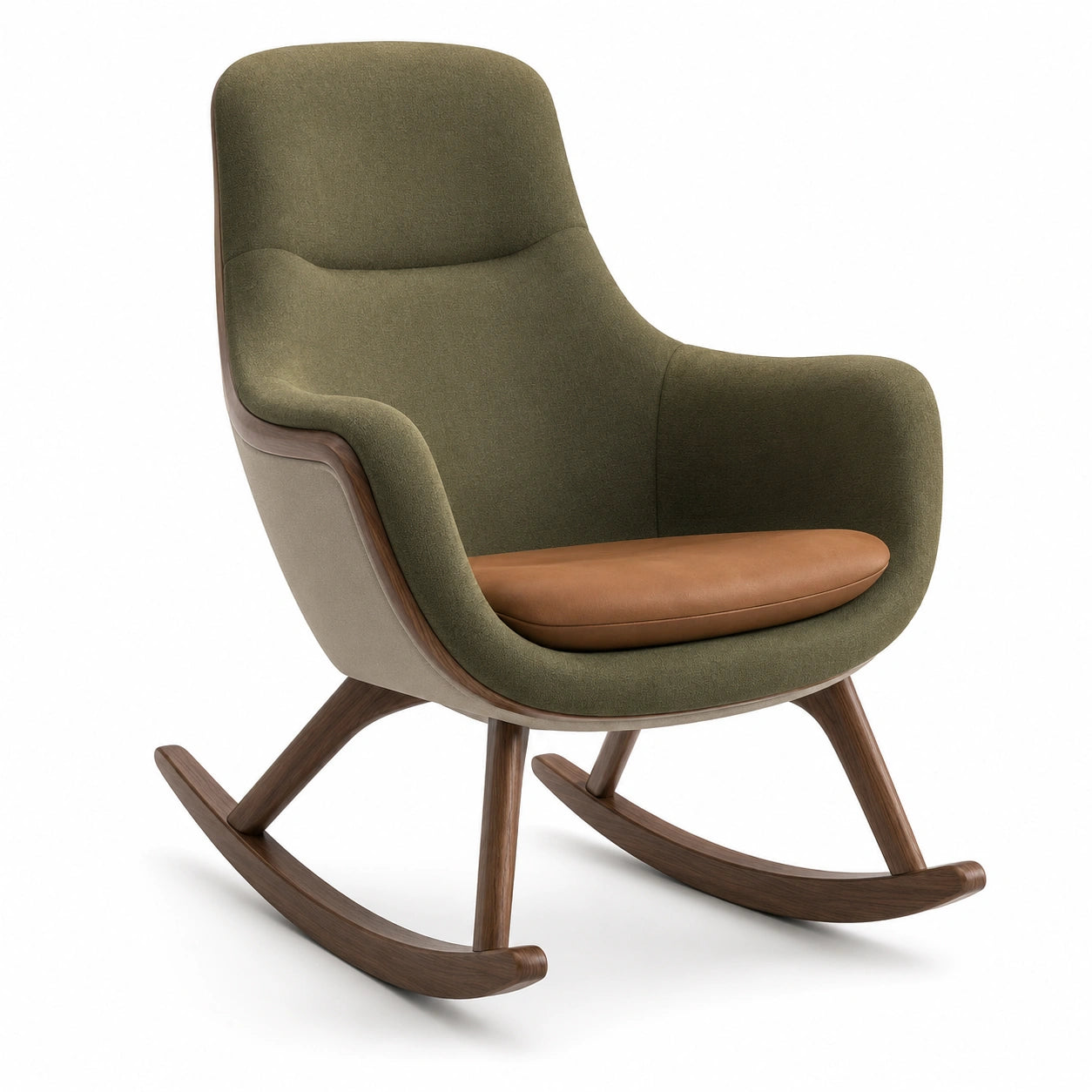 Silla Mecedora de Madera y Tela Verde con Cojín de Cuero PU Marrón