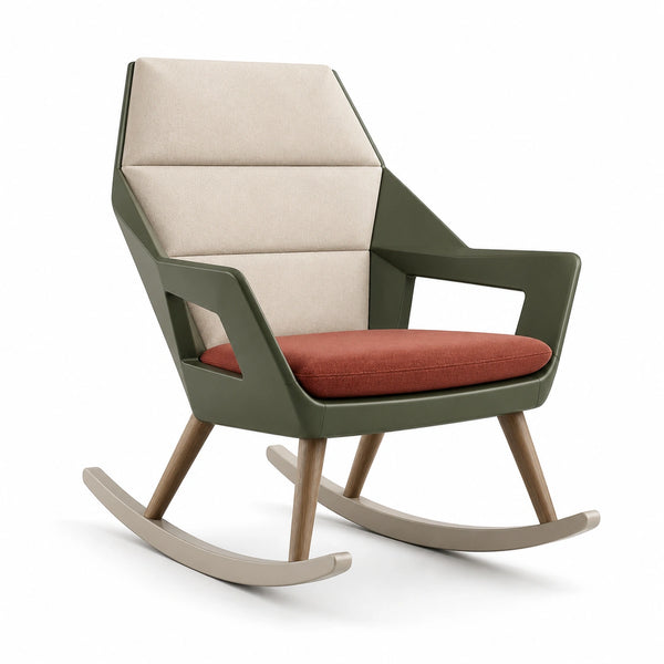Silla Mecedora de Polipropileno Verde con Almohadillado de Poliéster Beige y Rojo