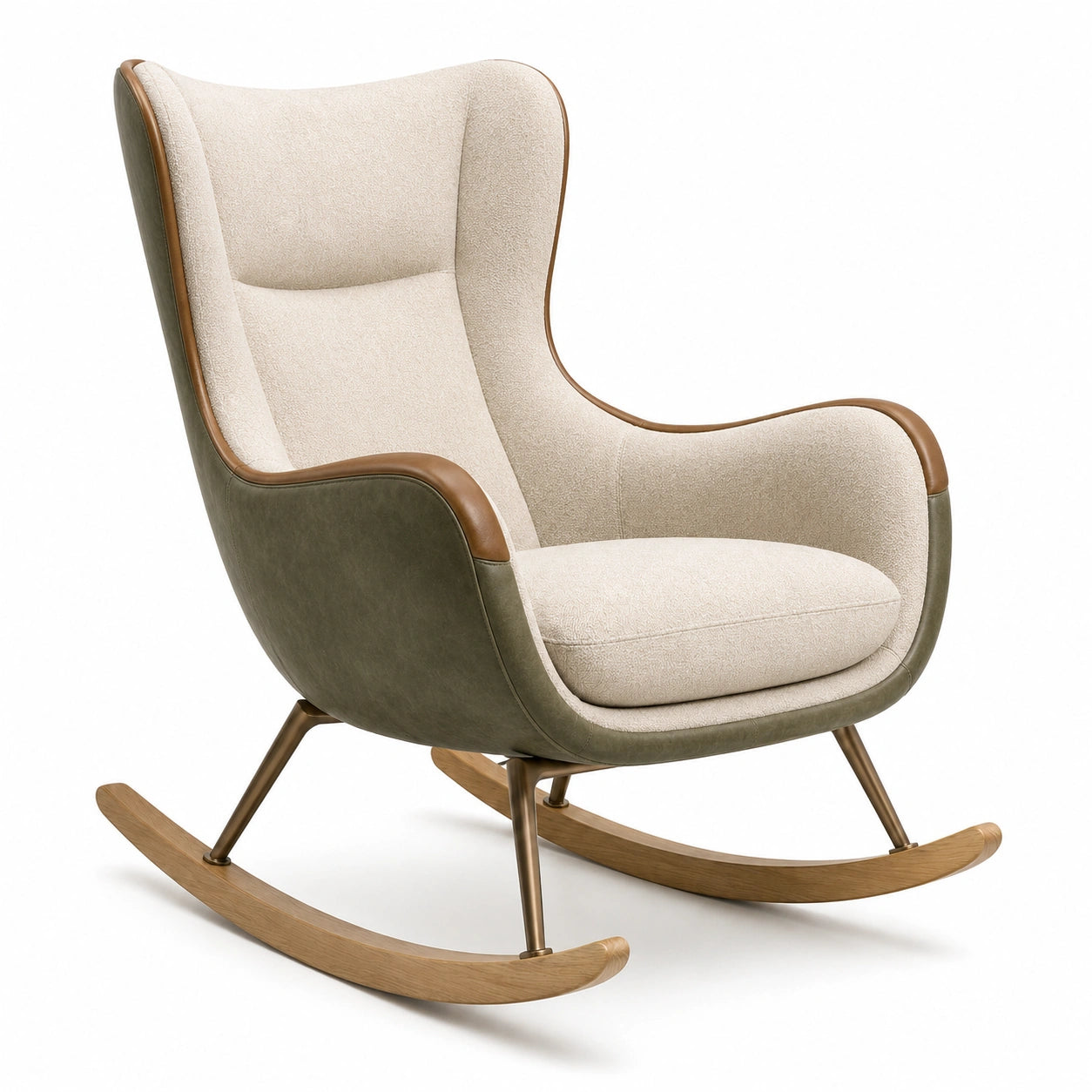 Silla Mecedora de Poliéster Beige con Base de Madera y Tapizado en Piel Sintética
