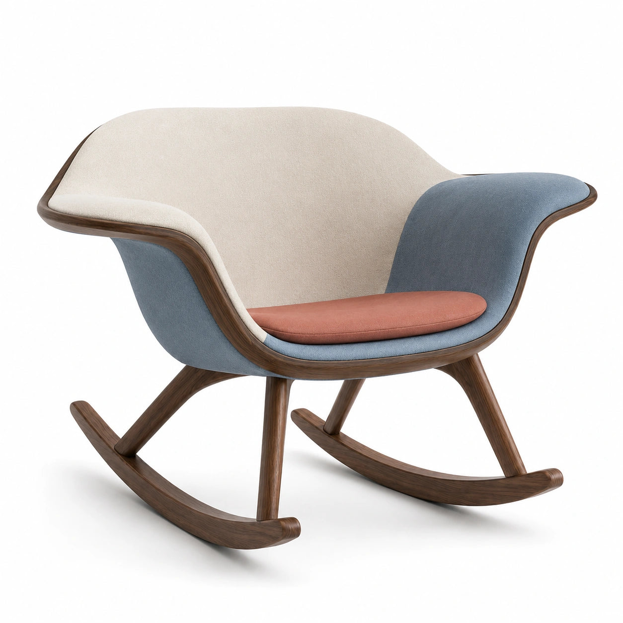 Silla mecedora de madera con tapizado de poliéster, azul y crema