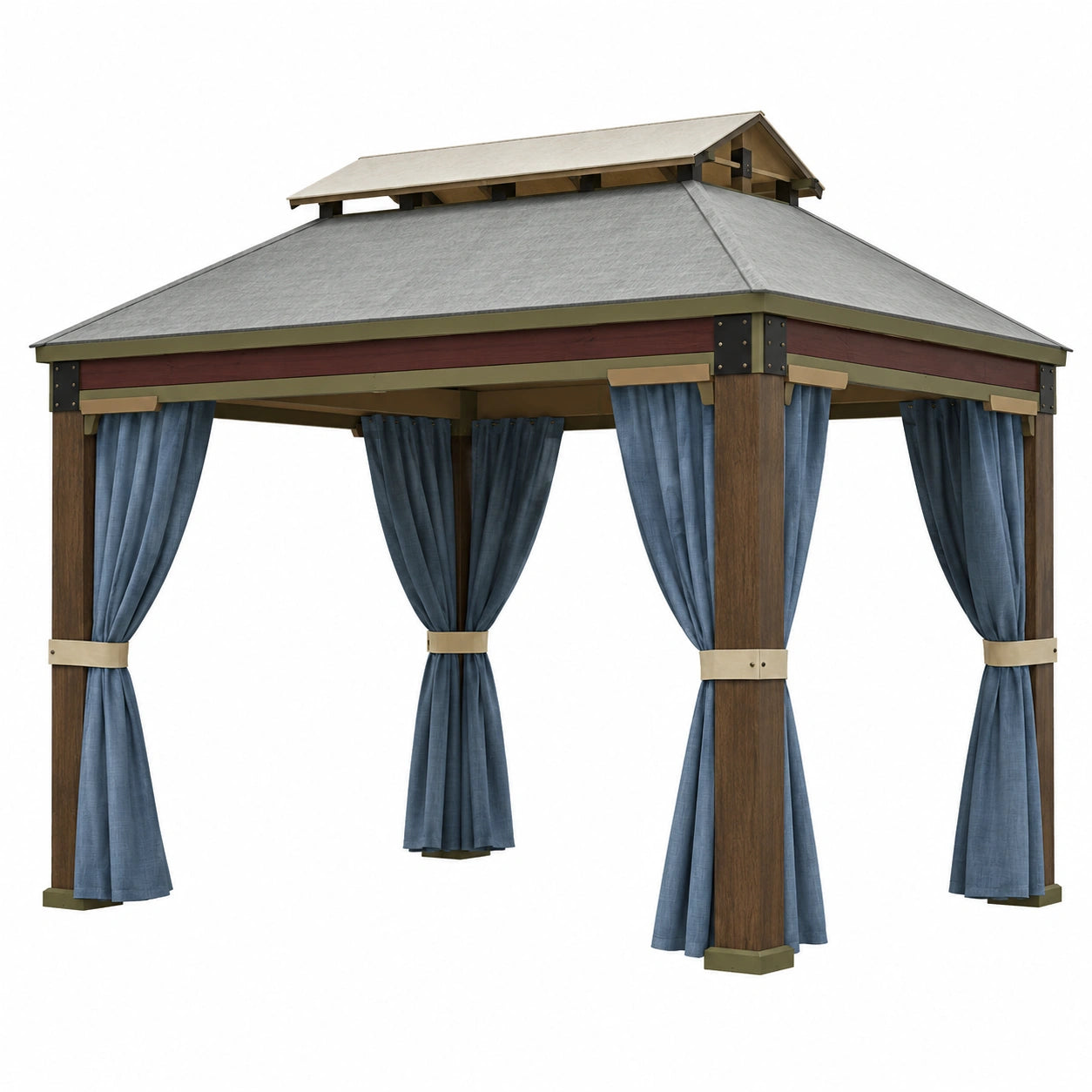 Pérgola de Madera y Metal con Cortinas Azul de Poliéster 300x300 cm