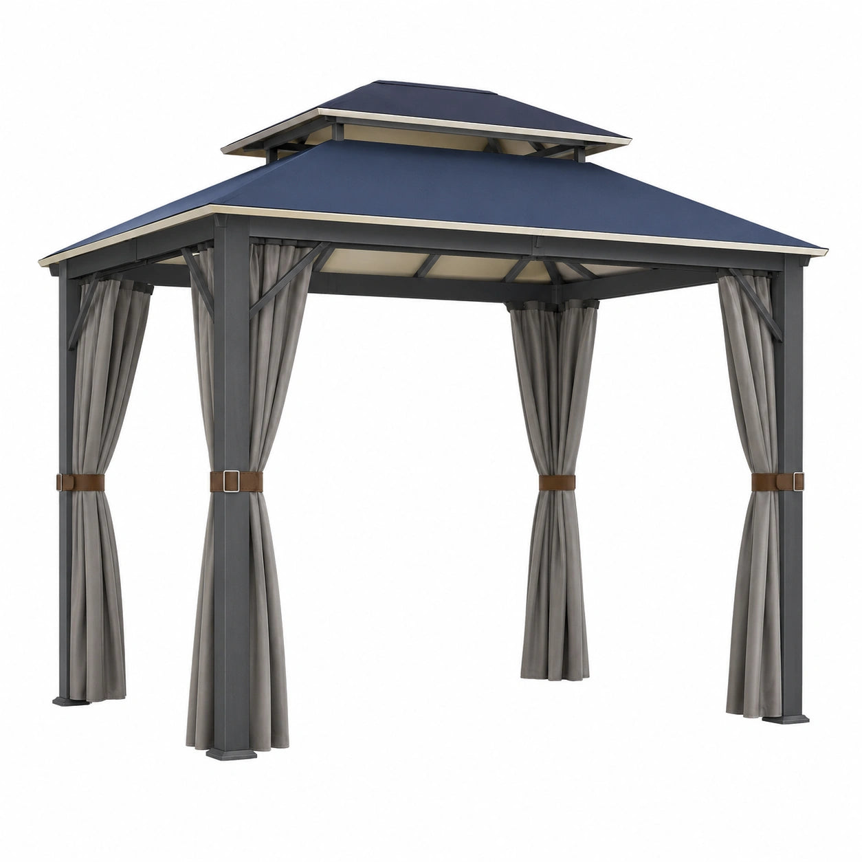 Gazebo de Aluminio con Techo Doble y Cortinas Gris