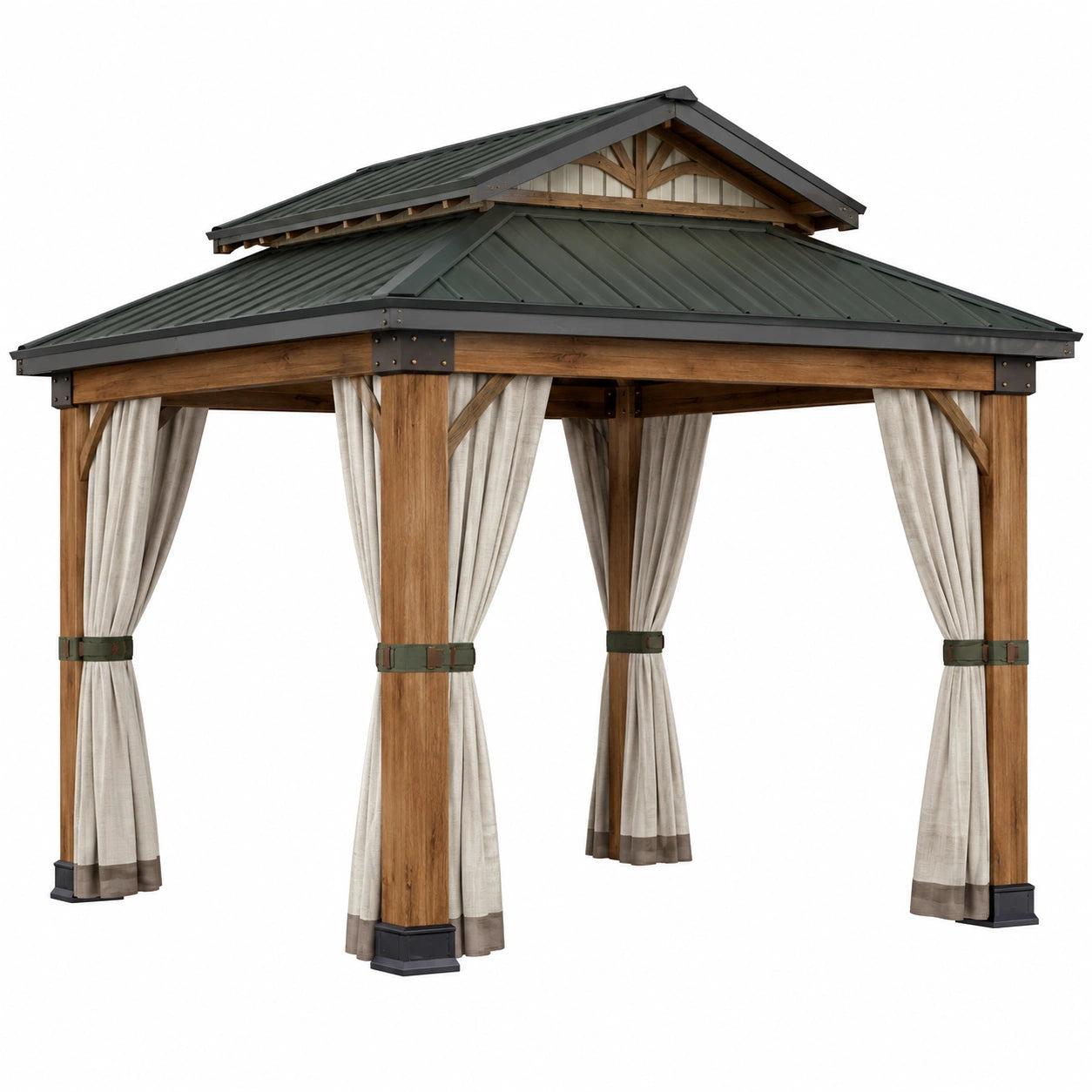 Pérgola de Madera y Metal con Techo Verde Oscuro y Cortinas de Tela Beige