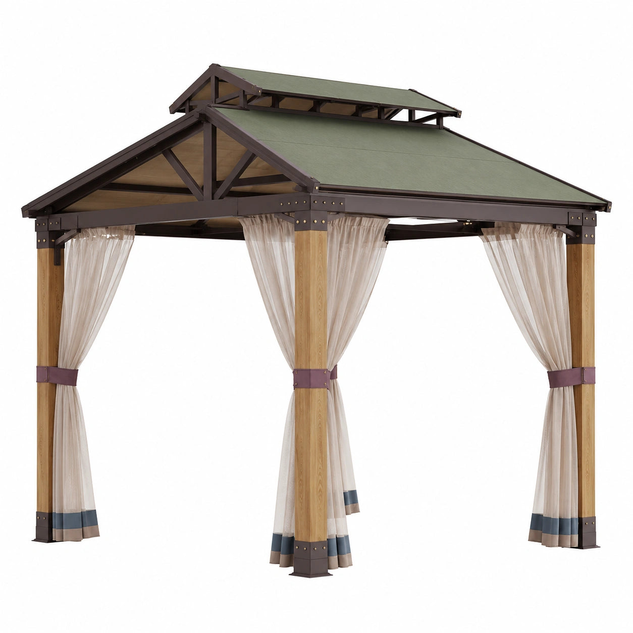 Pérgola de Aluminio con Techo Verde y Cortinas Translucidas