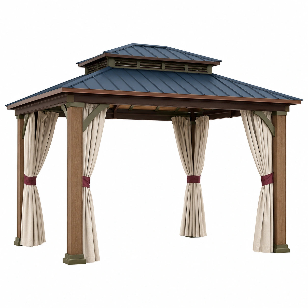 Pérgola de Madera con Techo de Metal Galvanizado y Cortinas de Poliéster Beige 4x3 m
