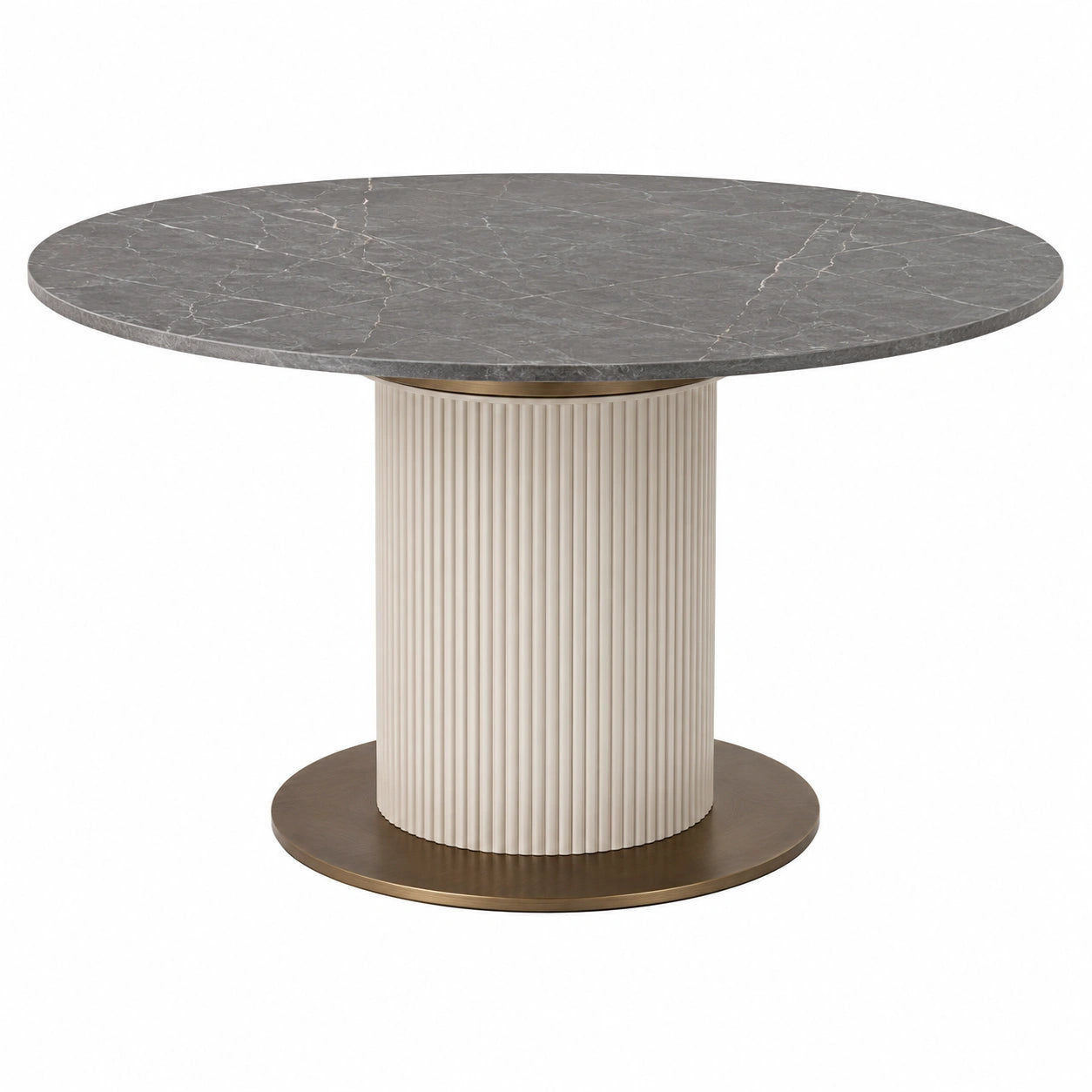 Mesa redonda de mármol gris con base metálica estriada 110 cm