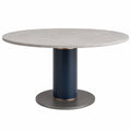 Mesa redonda de mármol con base metálica azul