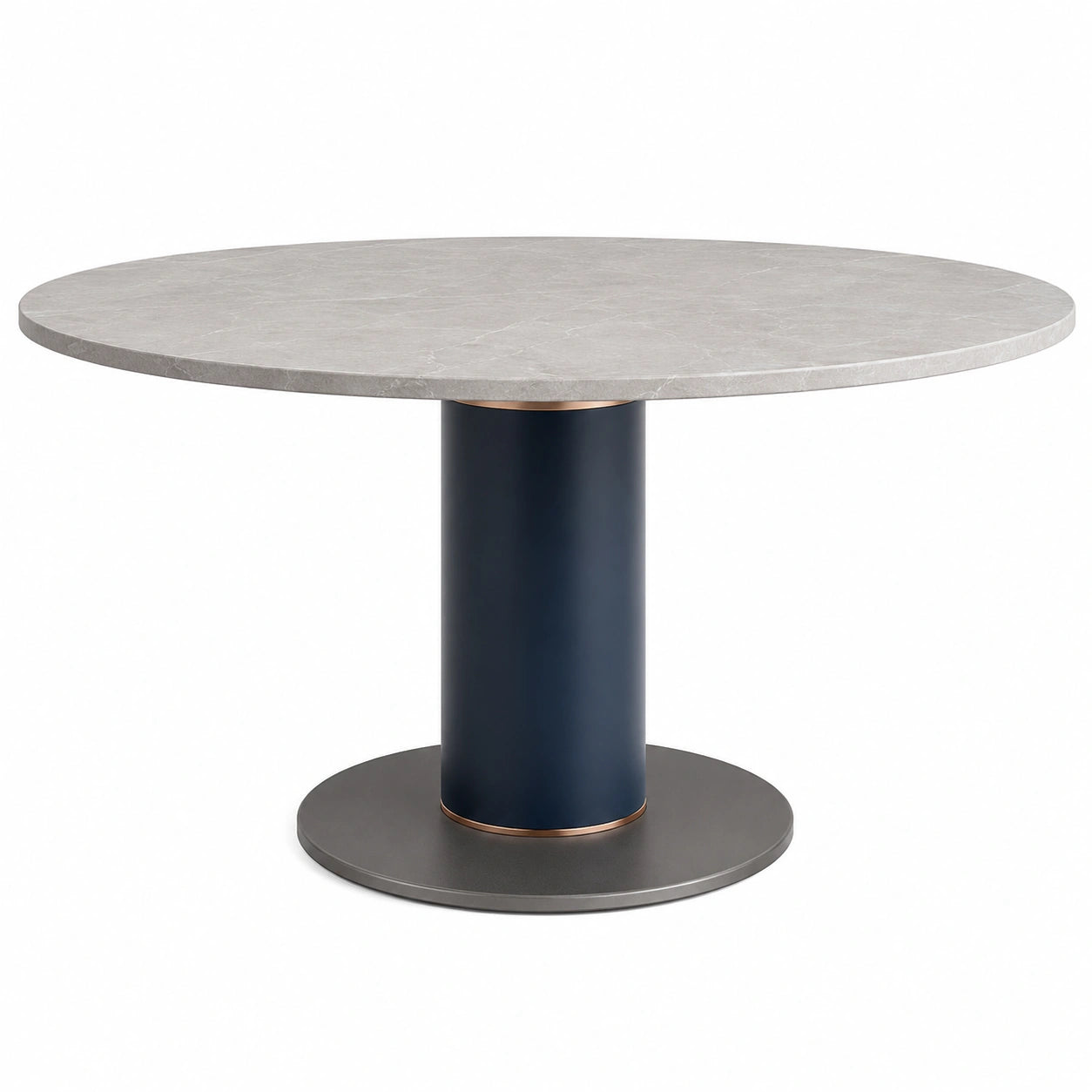 Mesa redonda de mármol con base metálica azul
