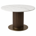 Mesa redonda de mármol de carrara con base de nogal y metal 100 cm blanca y marrón