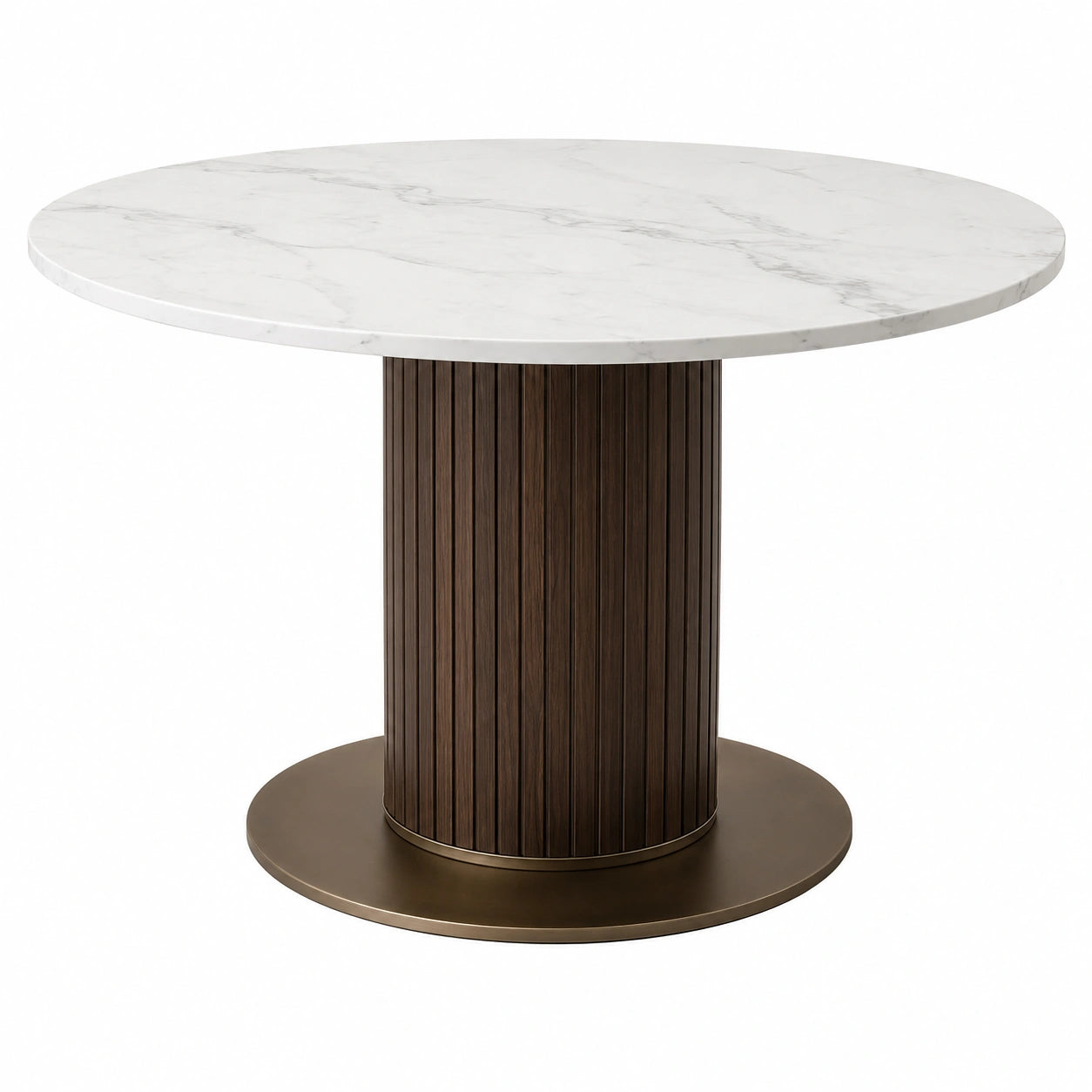Mesa redonda de mármol de carrara con base de nogal y metal 100 cm blanca y marrón