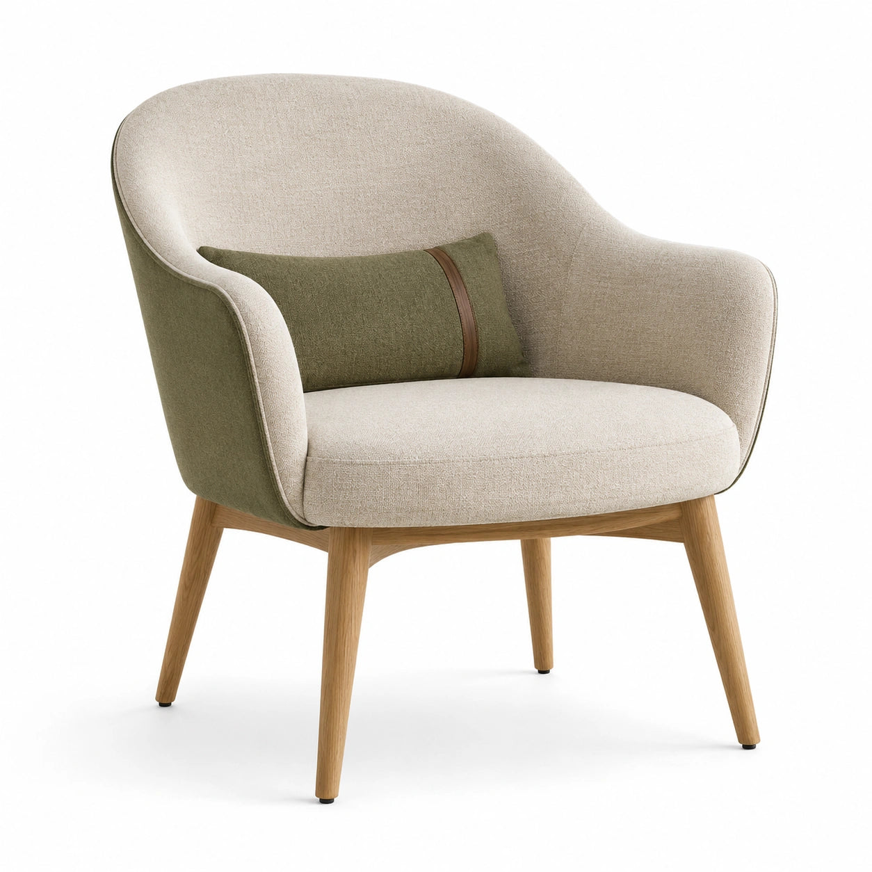 Sillón de madera y tela beige y verde con cojín