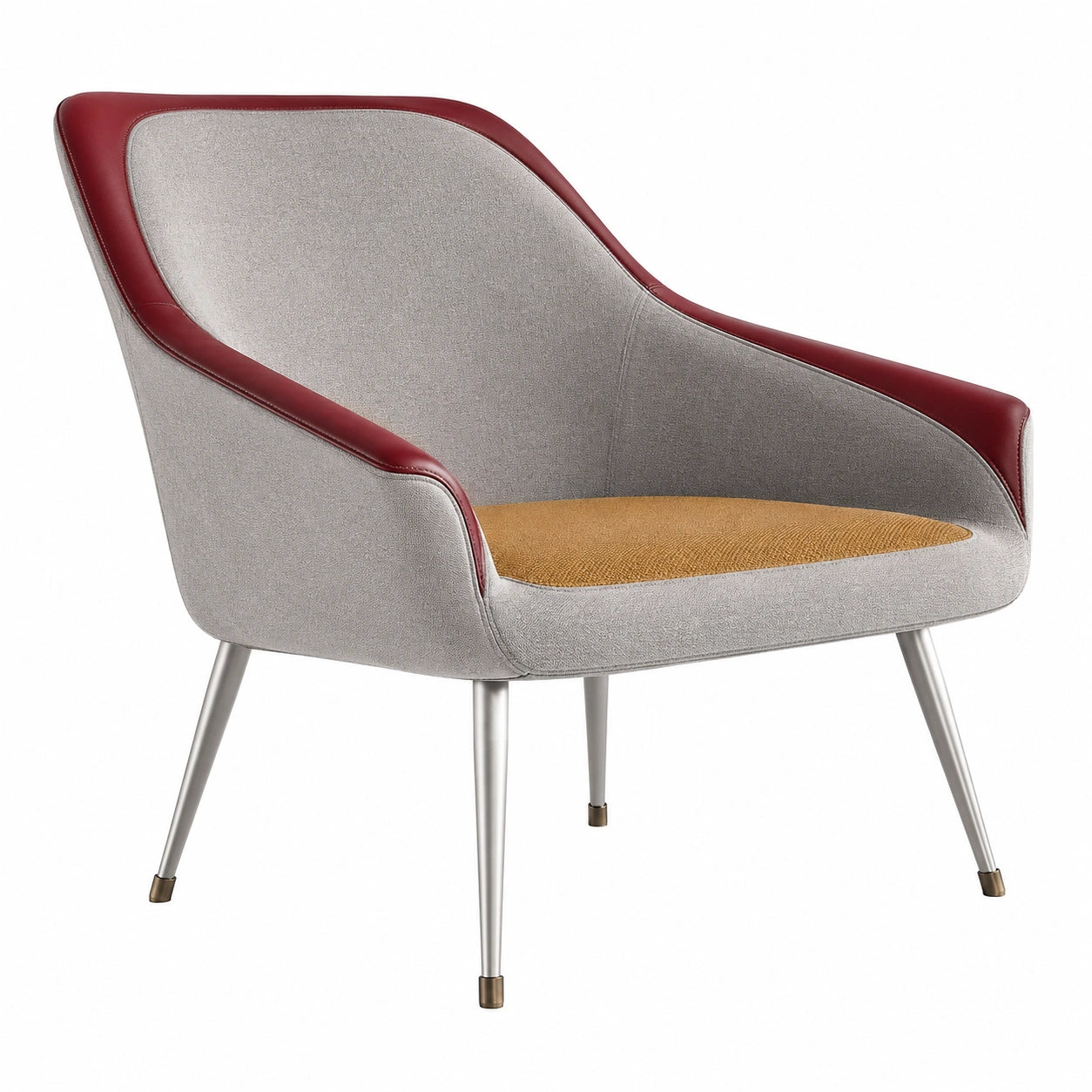 Silla de Tela Gris con Cuero Sintético Rojo y Asiento Marrón Claro, Patas de Metal