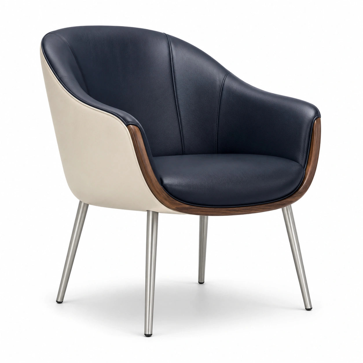 Silla de cuero PU azul y beige con patas de acero inoxidable