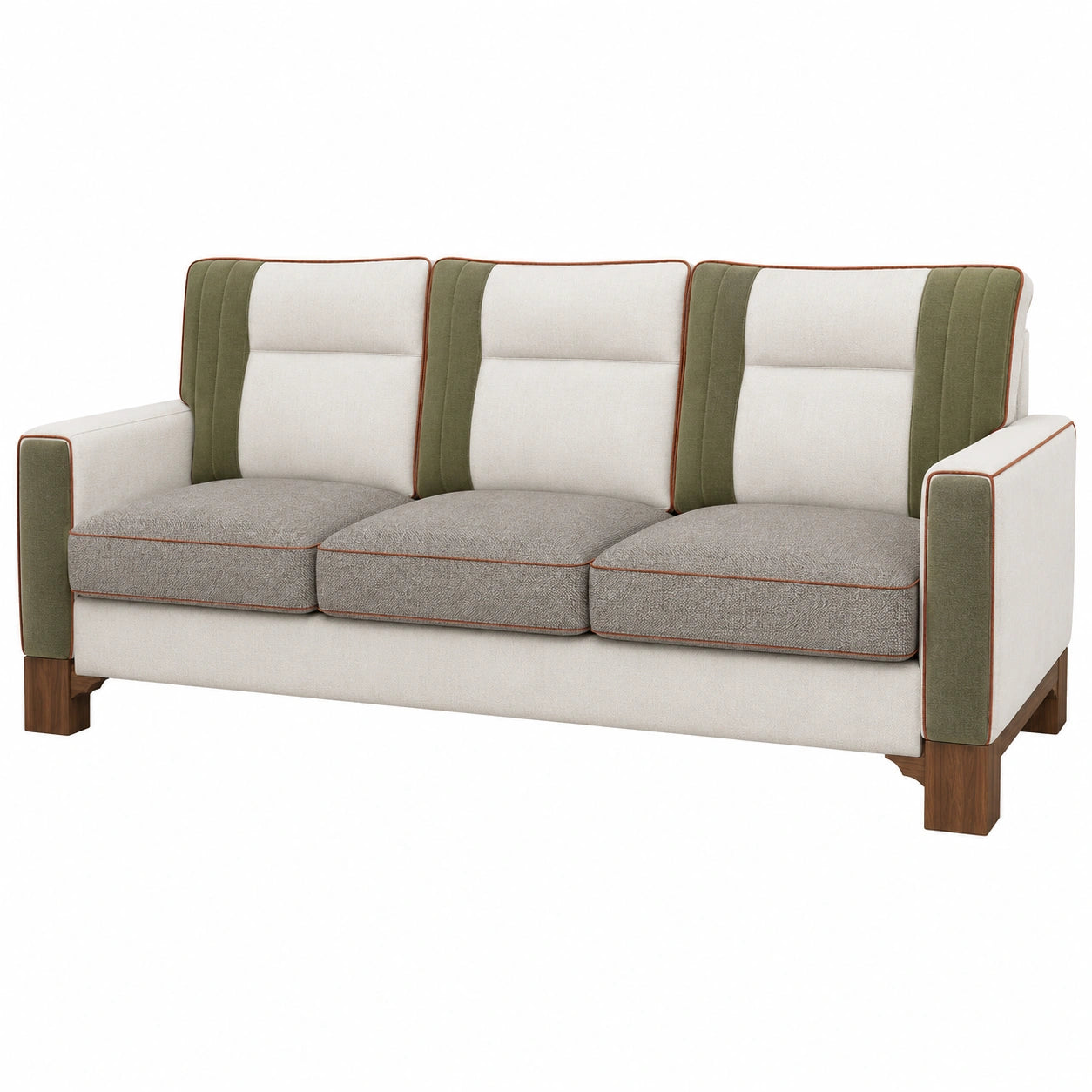 Sofá de 3 plazas en tela de poliéster beige y verde con estructura de madera maciza 200 cm