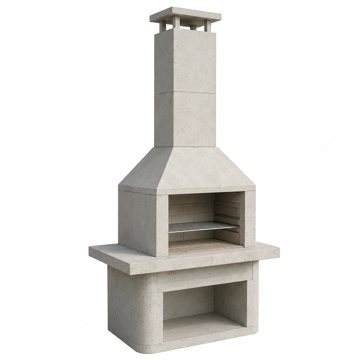 Barbacoa de hormigón gris con chimenea integrada