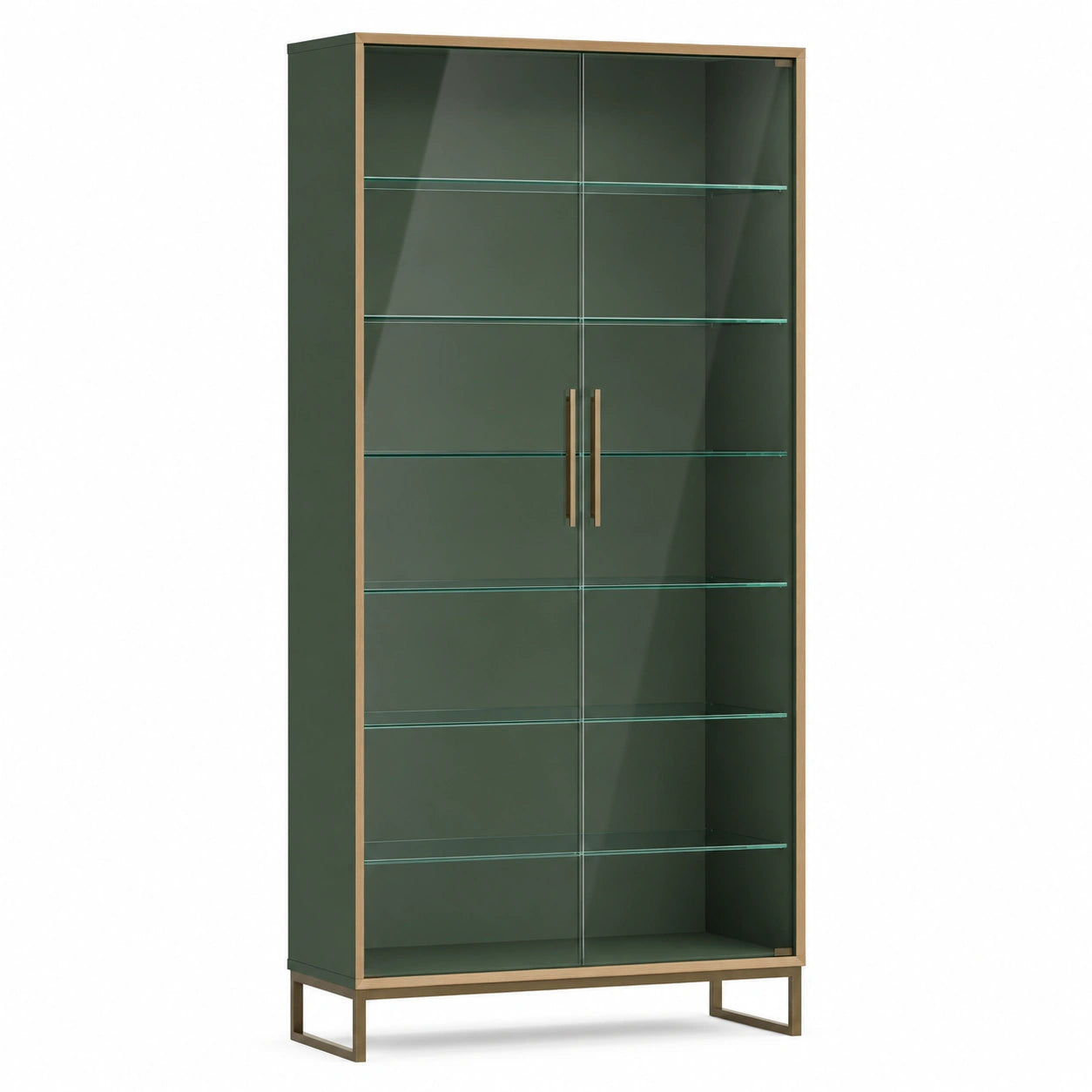 Vitrina de Metal con Estantes de Vidrio Templado, Verde y Dorado