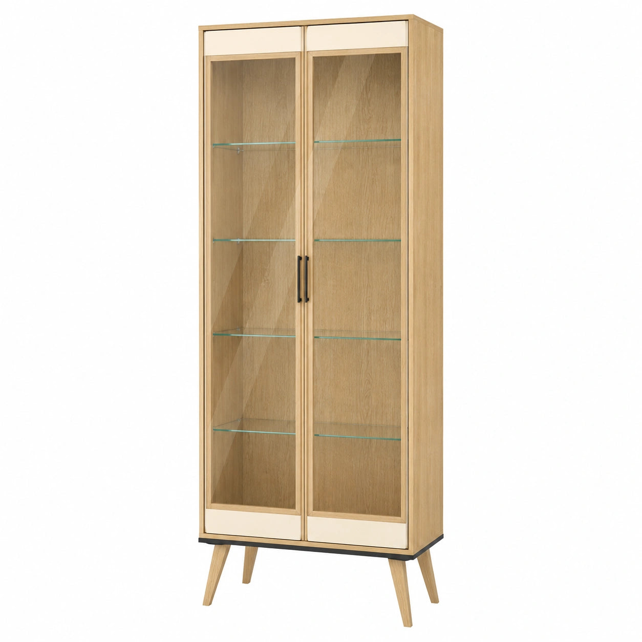 Vitrina de madera de roble con puertas de vidrio templado, 180 cm, Roble Claro