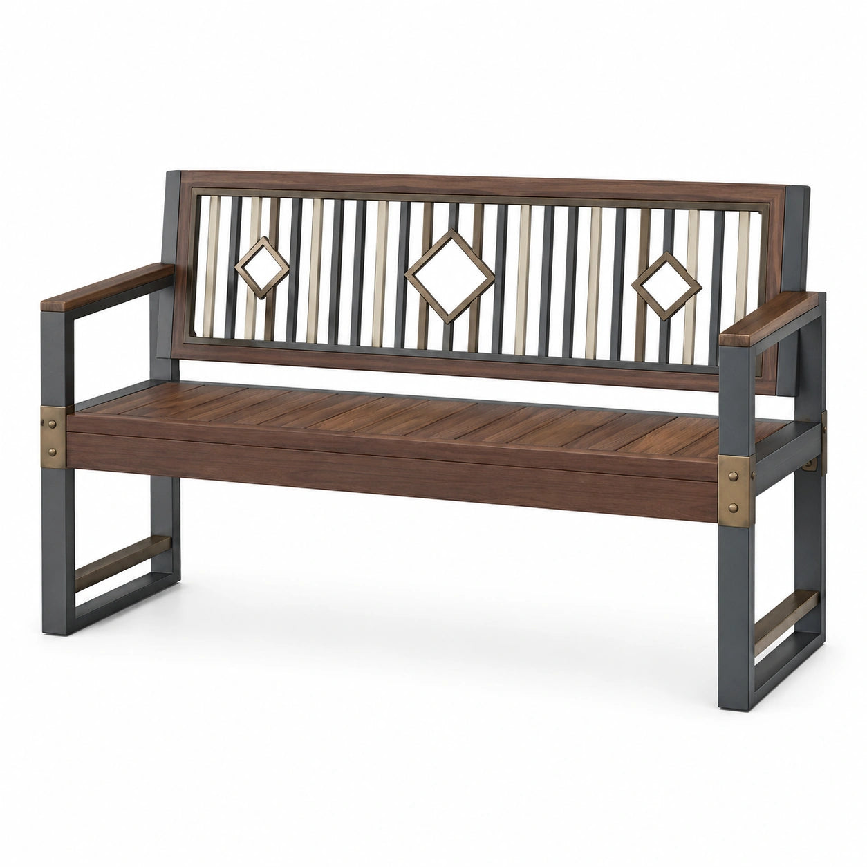 Banco de madera y metal con respaldo geométrico 130 cm