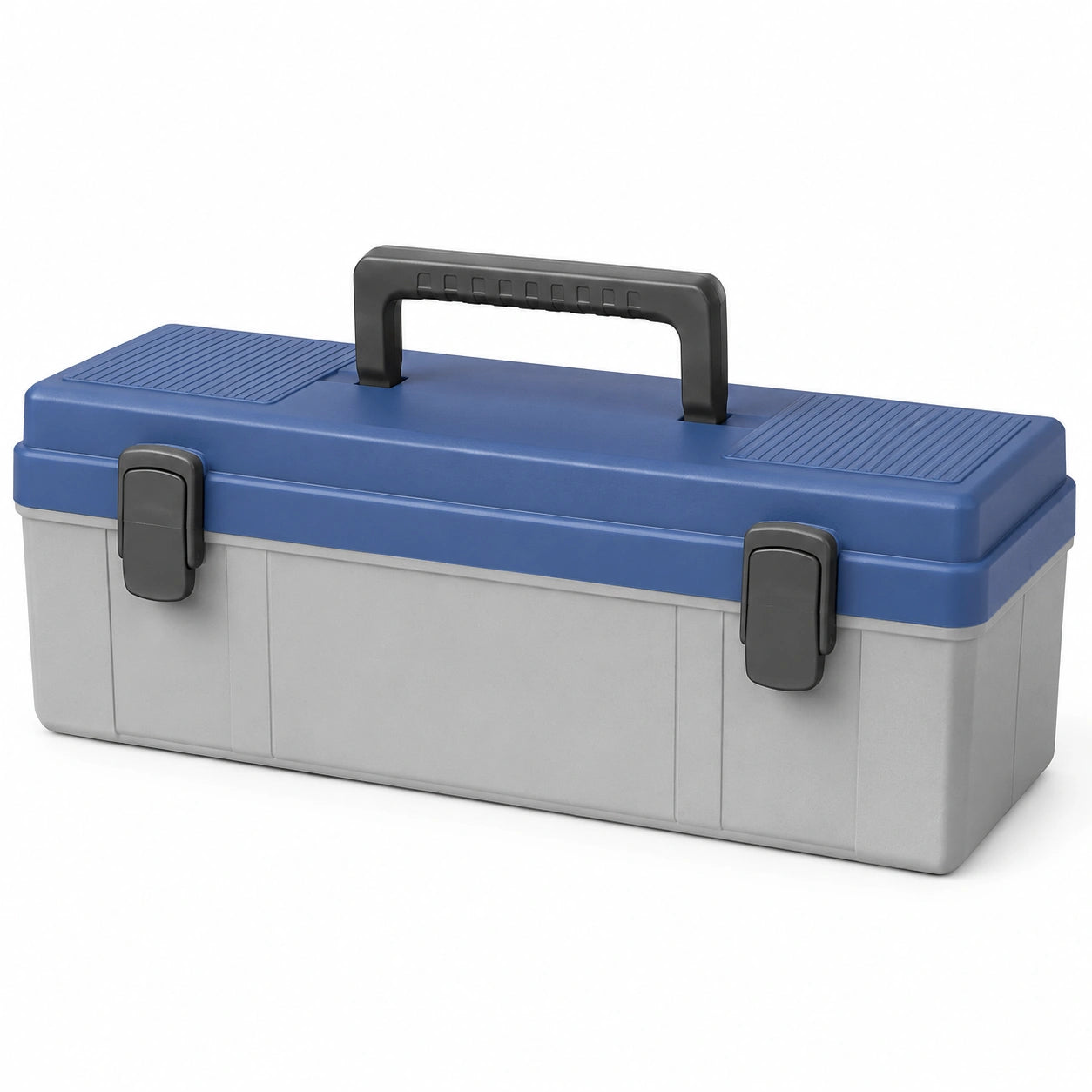Caja de herramientas de plástico con tapa azul y cuerpo gris 50cm x 25cm x 25cm
