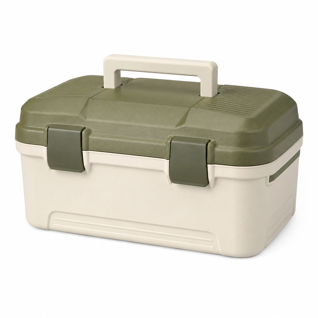 Caja de herramientas de plástico verde y crema 30cm x 15cm x 15cm