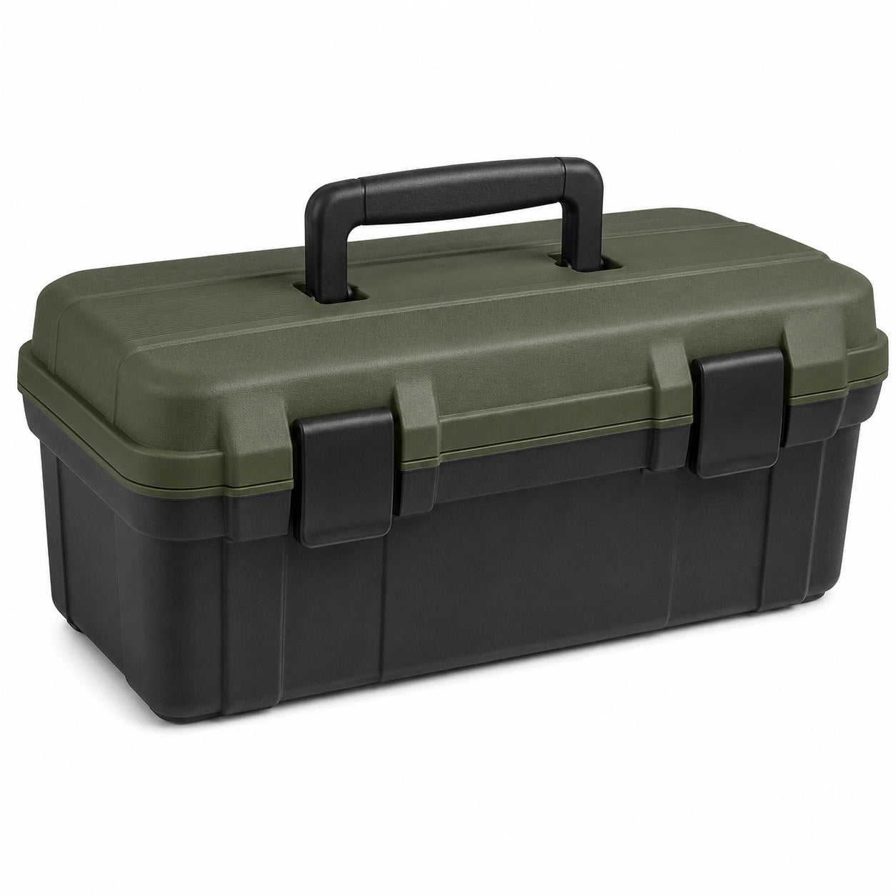 Caja de herramientas de plástico verde/negro con asa negra