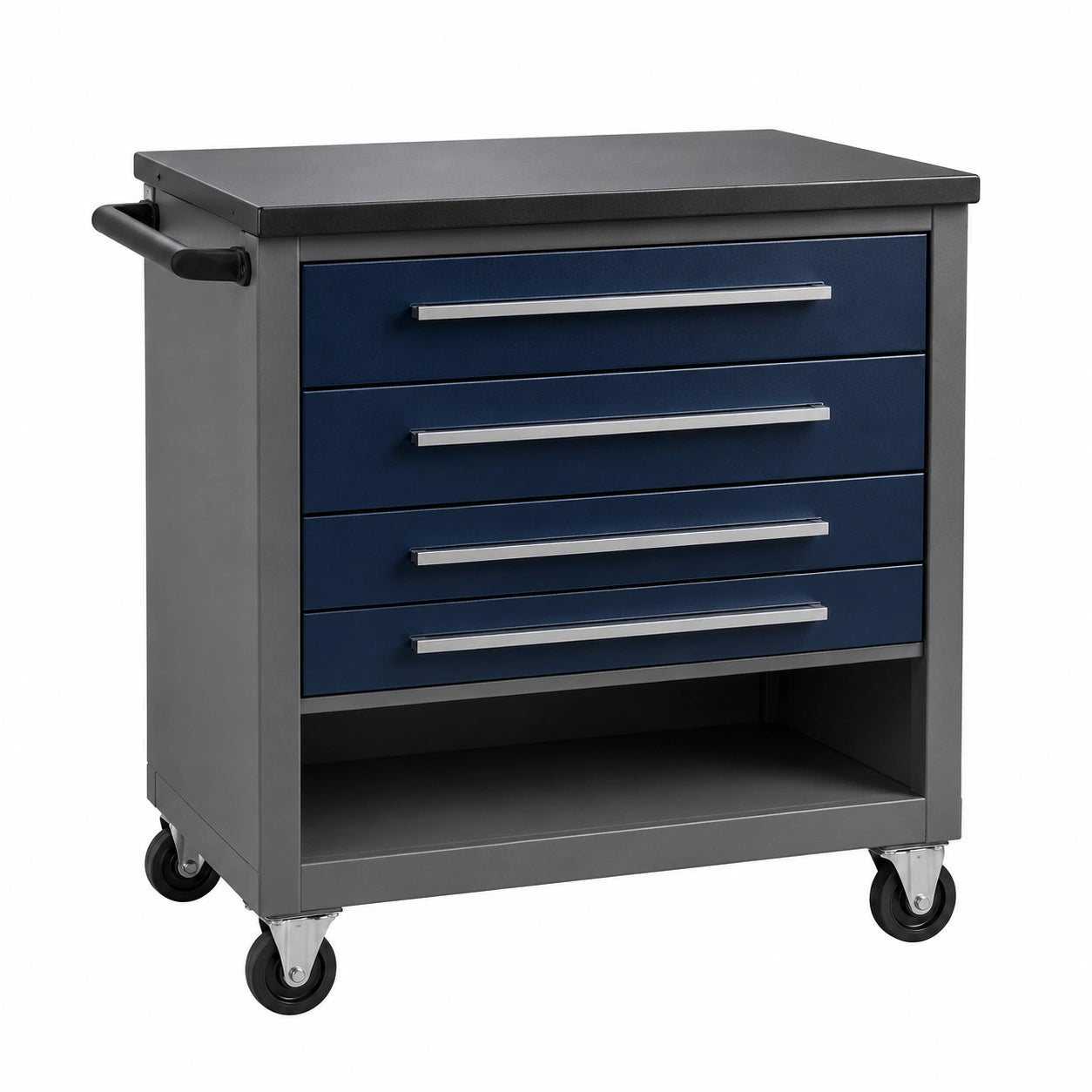 Carrito de herramientas con 4 cajones de acero azul y gris con ruedas