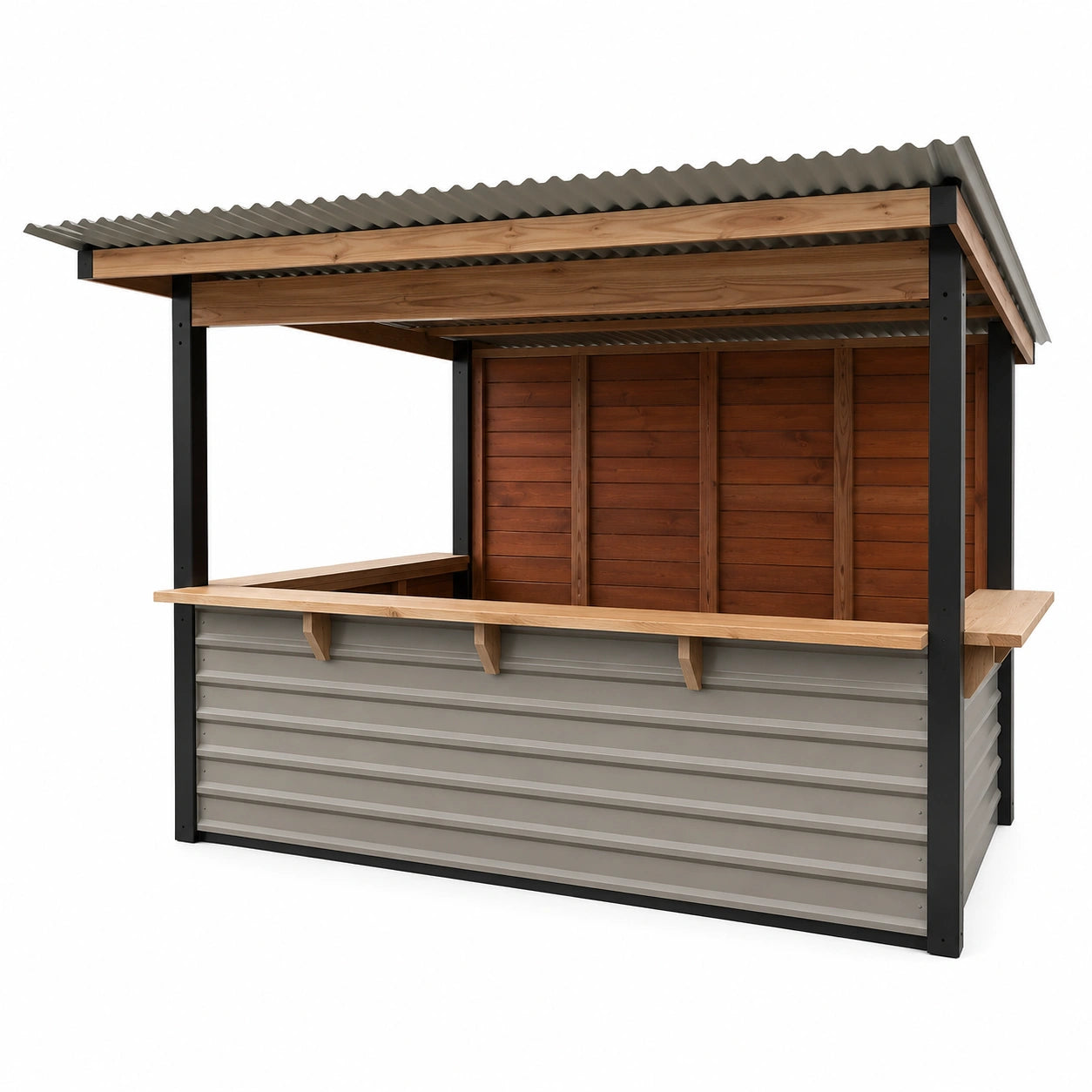 Barra Exterior de Madera de Pino y Metal con Techo Ondulado